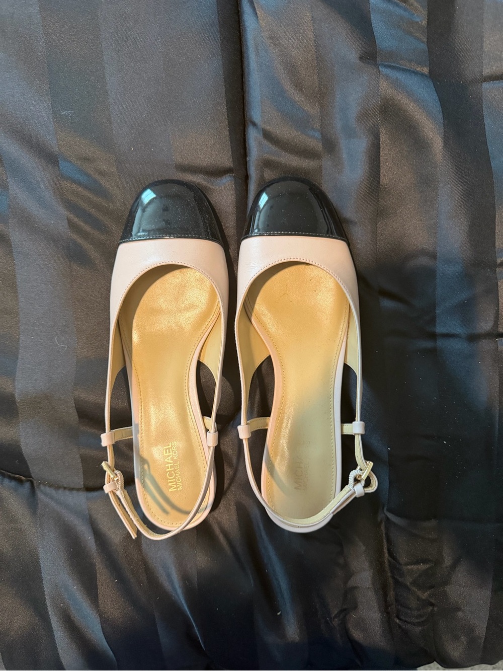 Michael Kors Two-Tone Beige Slingback Flats with Black Patent Cap Toe